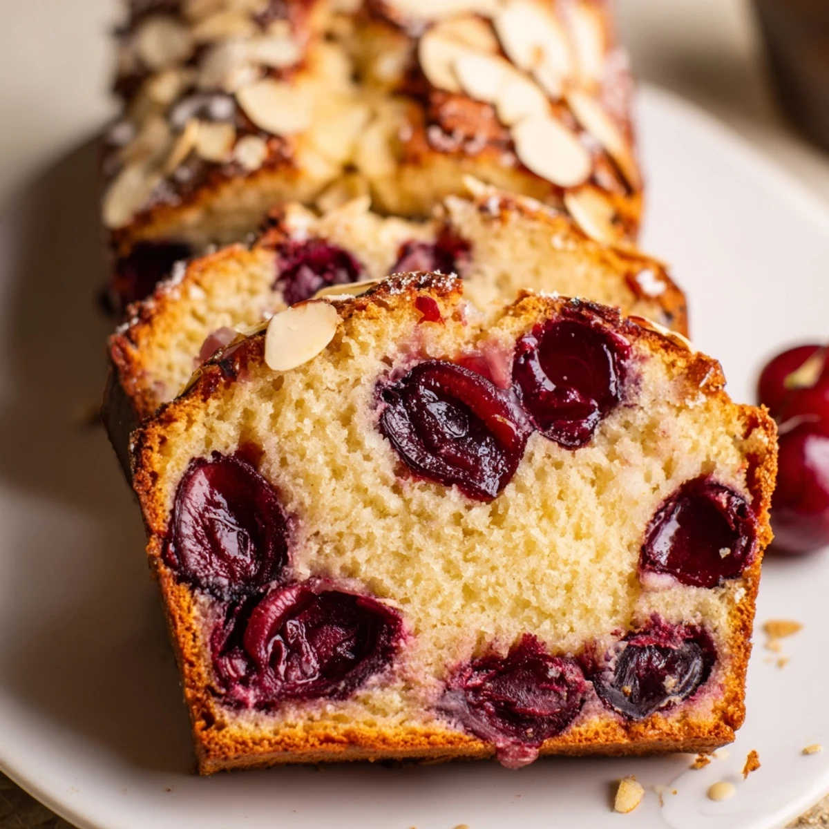 Freshly baked Cherry Almond Loaf Cake, with sugared almonds, perfect for a satisfying dessert.