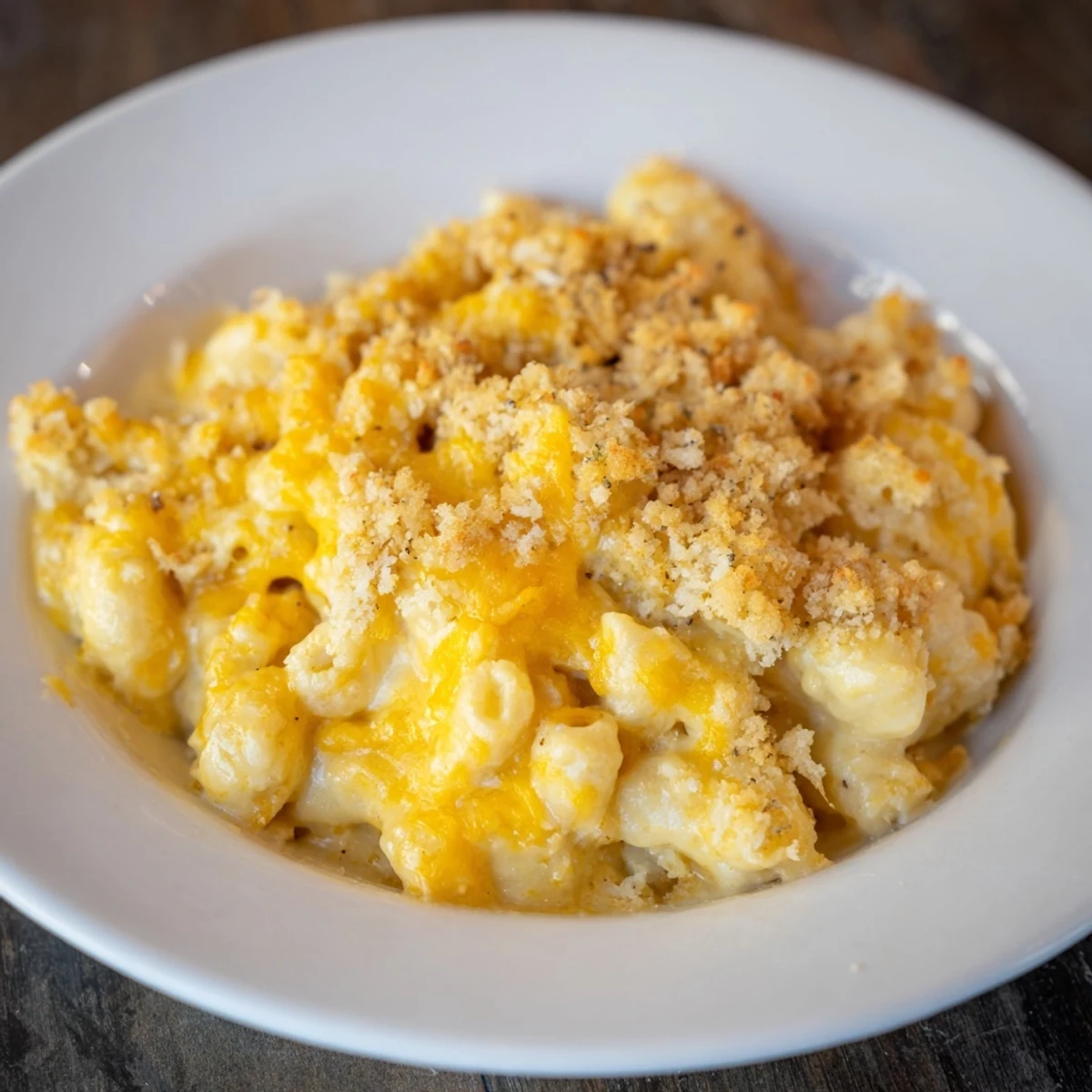 Golden-brown breadcrumbs topping bubbly Old-Fashioned Baked Mac & Cheese, perfect for a comforting family meal.