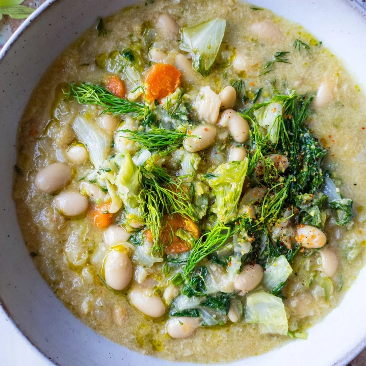 Steaming bowl of simple white bean and fennel soup, garnished with fresh fennel fronds, ready to eat.