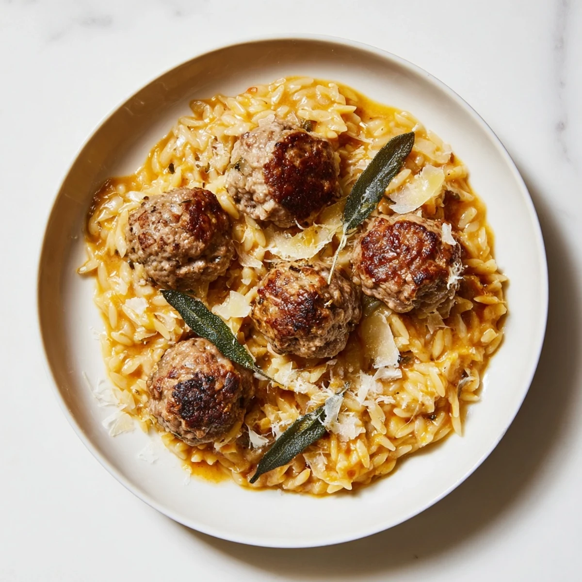 A steaming bowl of flavorful sage turkey meatballs with pumpkin orzo, ready for a cozy dinner.