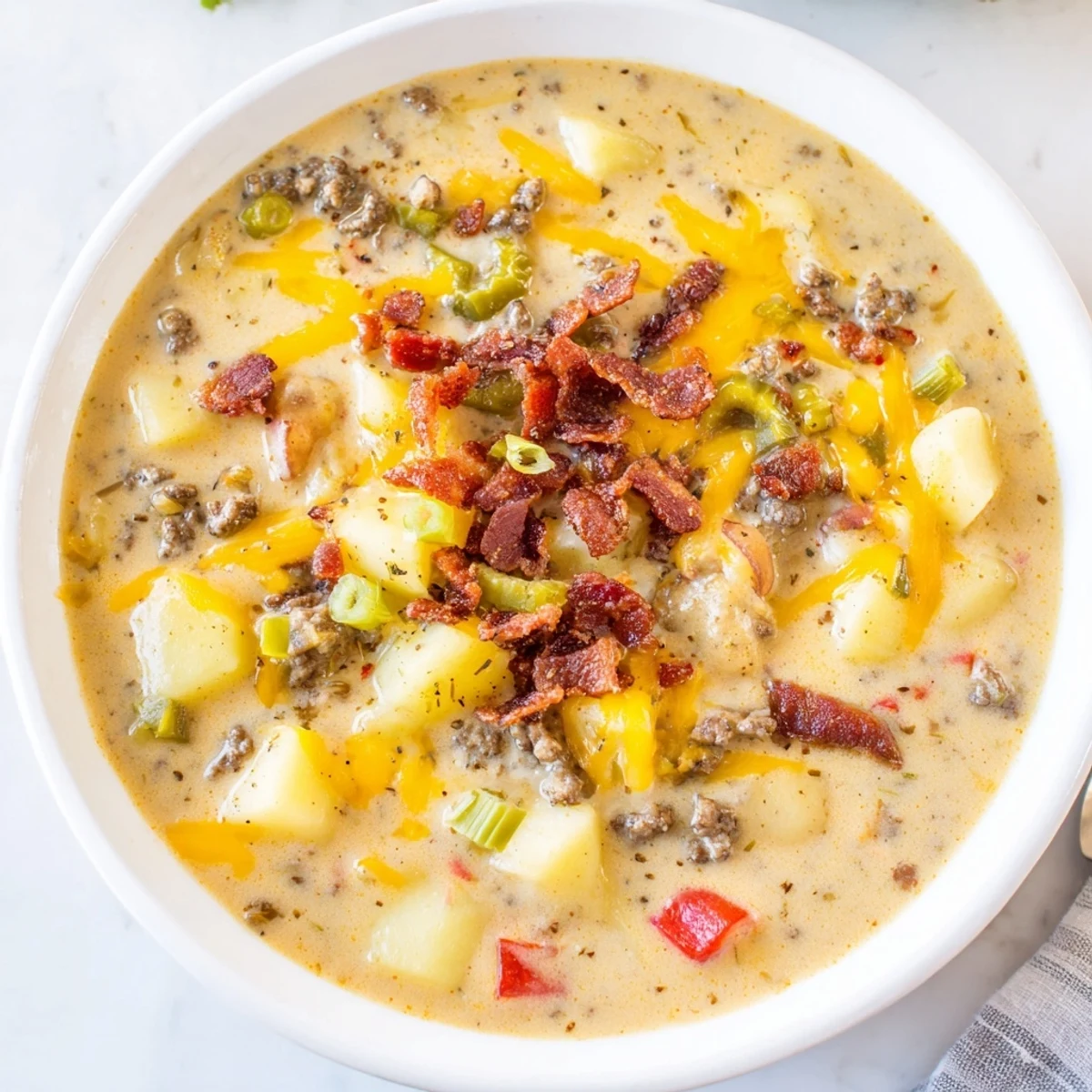 A bubbling crockpot holds rich Crockpot Cheeseburger Soup, ready to ladle into bowls and garnished with toppings.