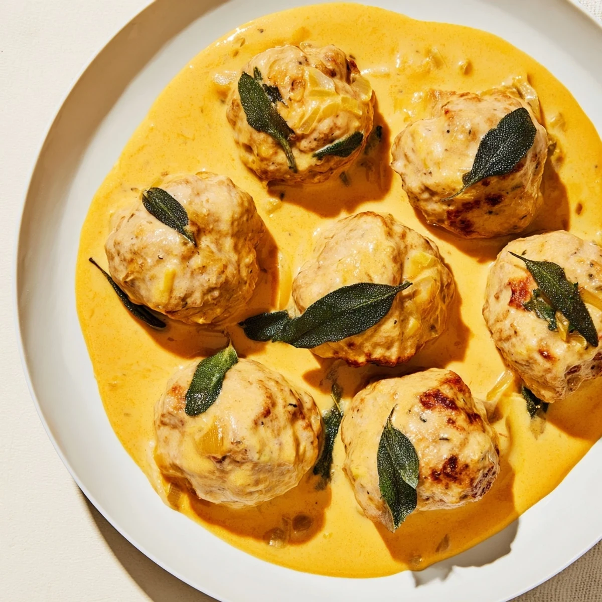 Warm turkey meatballs nestled in a rich pumpkin sage sauce, perfect for a cozy fall dinner.