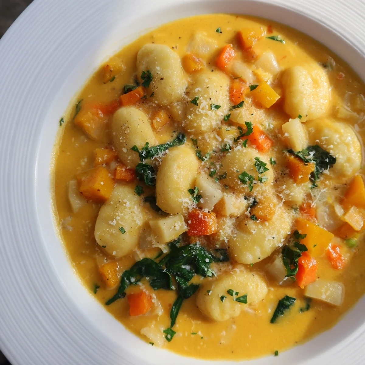 A close-up view shows the creamy texture of the Savory Butternut Squash Gnocchi Soup in a rustic bowl.