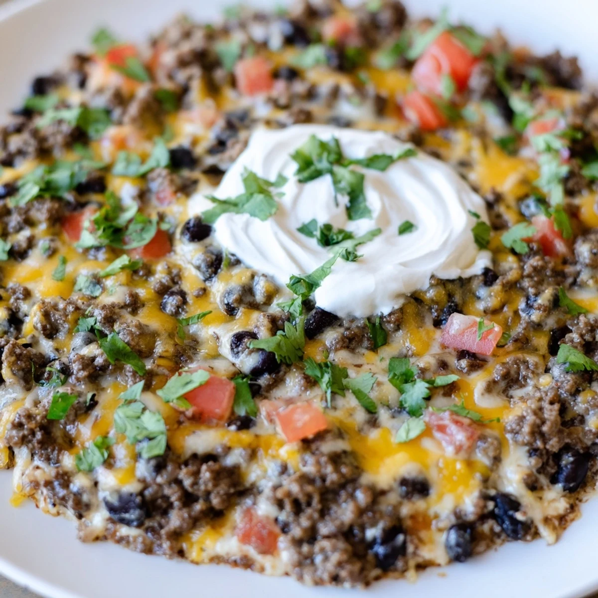 Close-up of bubbling Slow Cooker Cream Cheese Taco Dip, garnished with cilantro, ready to be scooped.