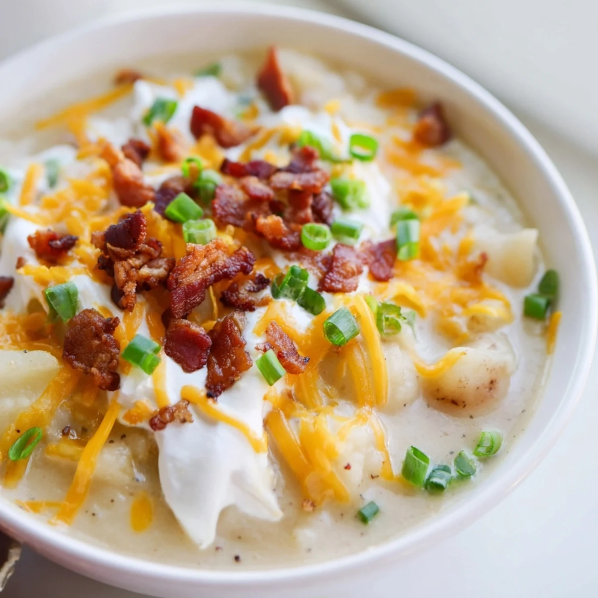 Steaming Crockpot Loaded Baked Potato Soup, thick and creamy, topped with bacon and cheddar cheese.