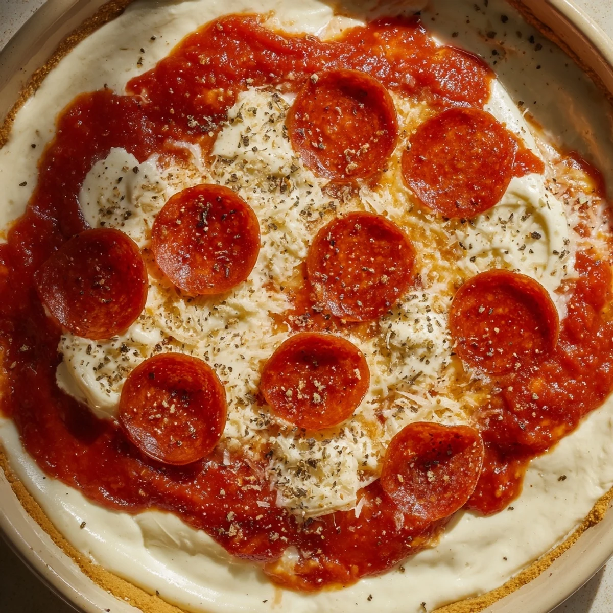 Bubbling, cheesy Pizza Dip topped with crispy pepperoni, ready to be scooped up by dippers.