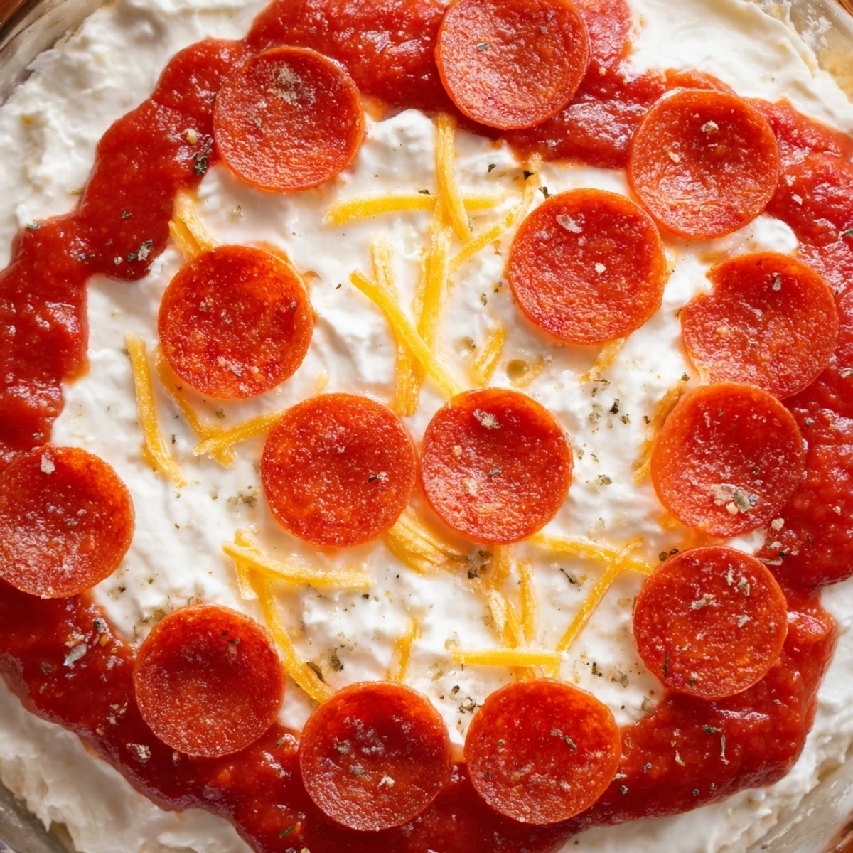 Warm Pizza Dip, a creamy, marinara-infused appetizer, inviting you for a cheesy bite with friends.