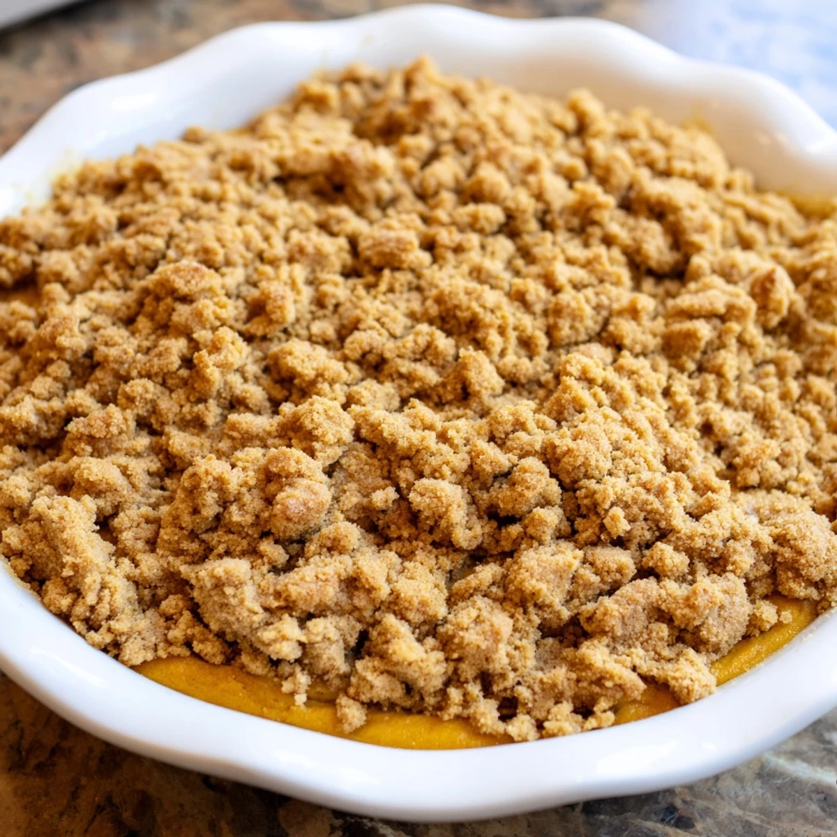Delicious, spiced pumpkin crisp in a baking dish, perfect for a cozy fall dessert gathering.