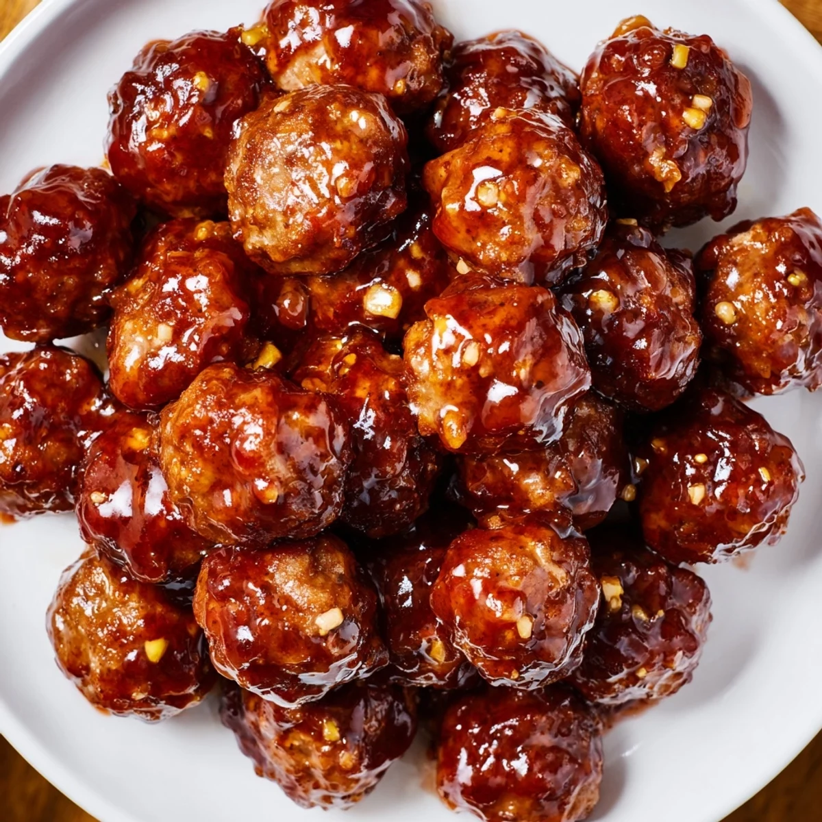 Baked cherry-glazed meatballs, coated in a rich cherry sauce, served at a party with cocktail picks.