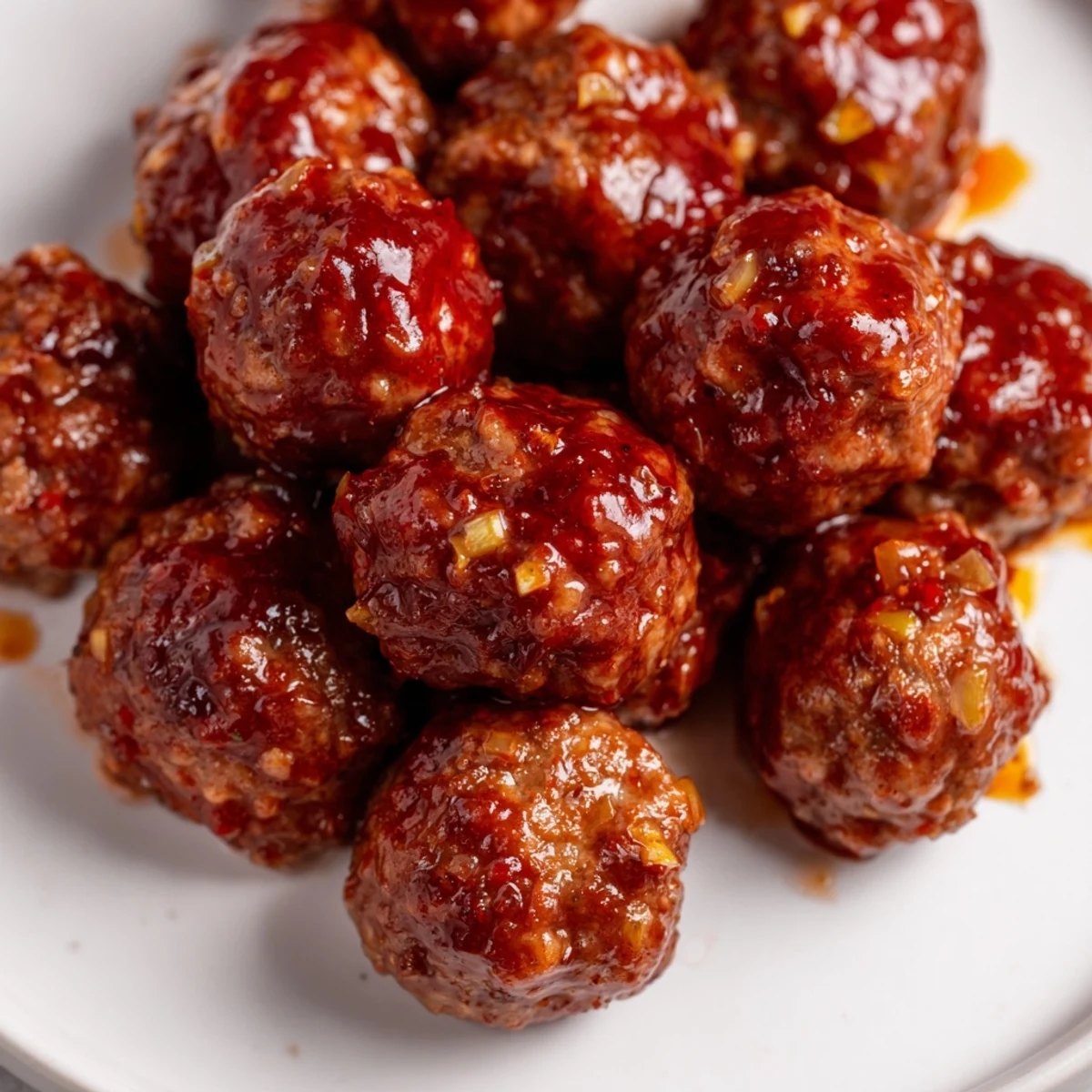 Close-up of tender, juicy cherry-glazed meatballs; a delicious party food everyone loves to eat.
