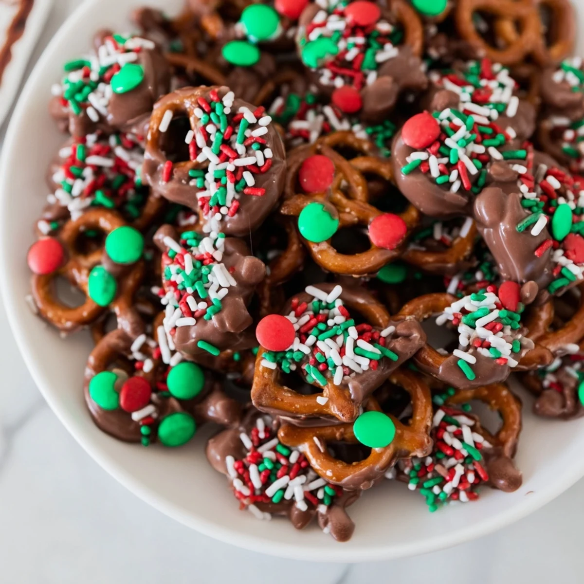 Warm, melty chocolate crowns these air fryer Christmas pretzel bites, sprinkled with festive holiday colors.