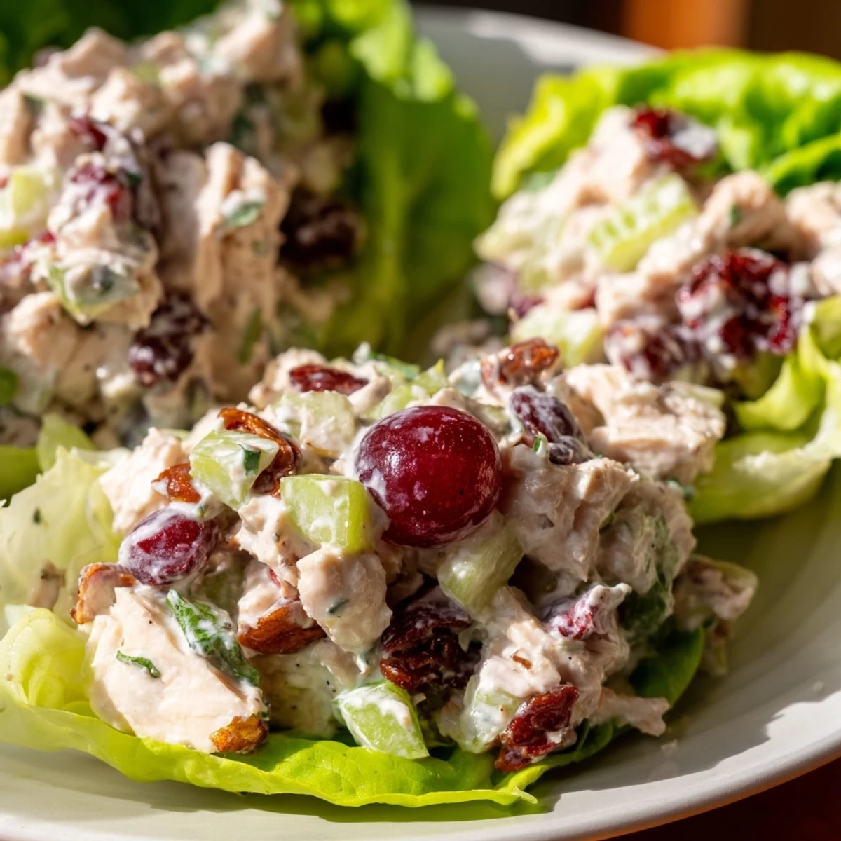 A close-up view of elegant Simplified Festive Chicken Salad Cups, perfect for a celebratory appetizer platter.