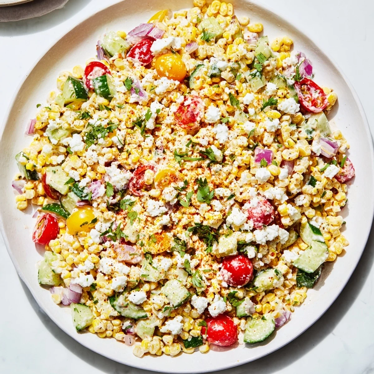 A colorful bowl of Mexican Street Corn Chopped Salad, perfect for summer barbecues, with creamy dressing.