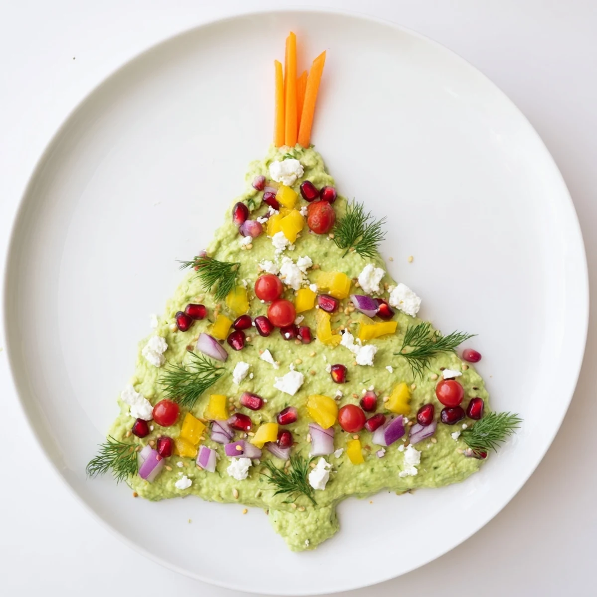 Freshly made whipped avocado Christmas tree dip, a vibrant appetizer topped with cherry tomatoes and herbs.