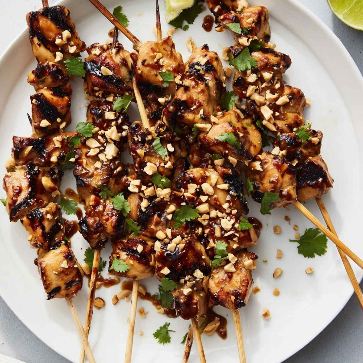 Grilled Spicy Peanut Satay Chicken Skewers, charred and glistening, served with fresh cilantro.