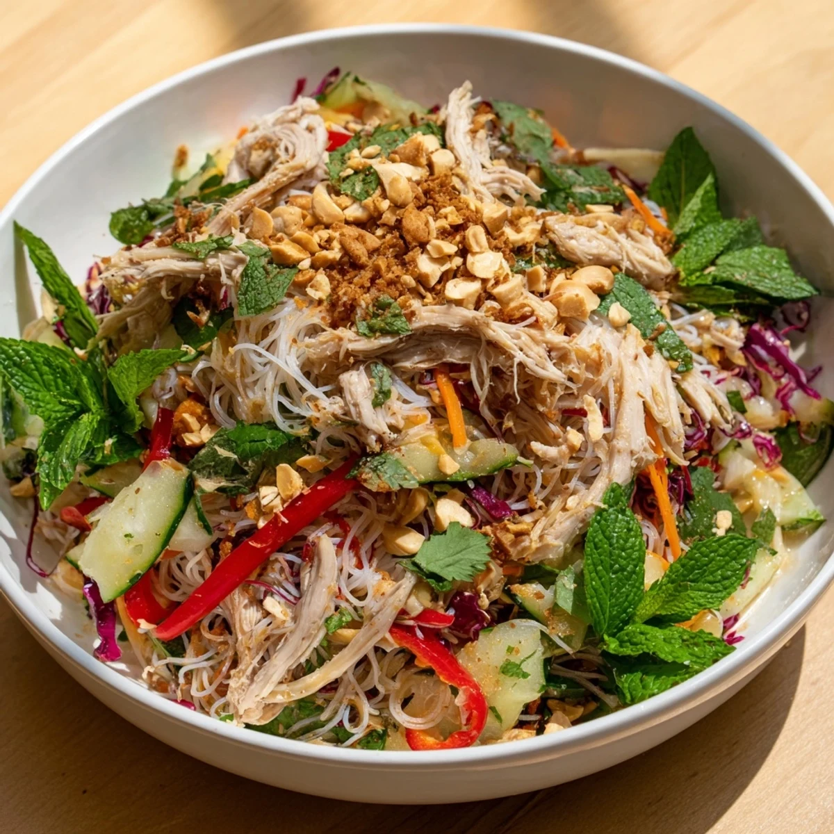 Vibrant, colorful Vietnamese Crunch Noodle Salad with Shredded Chicken, ready to eat, topped with peanuts.