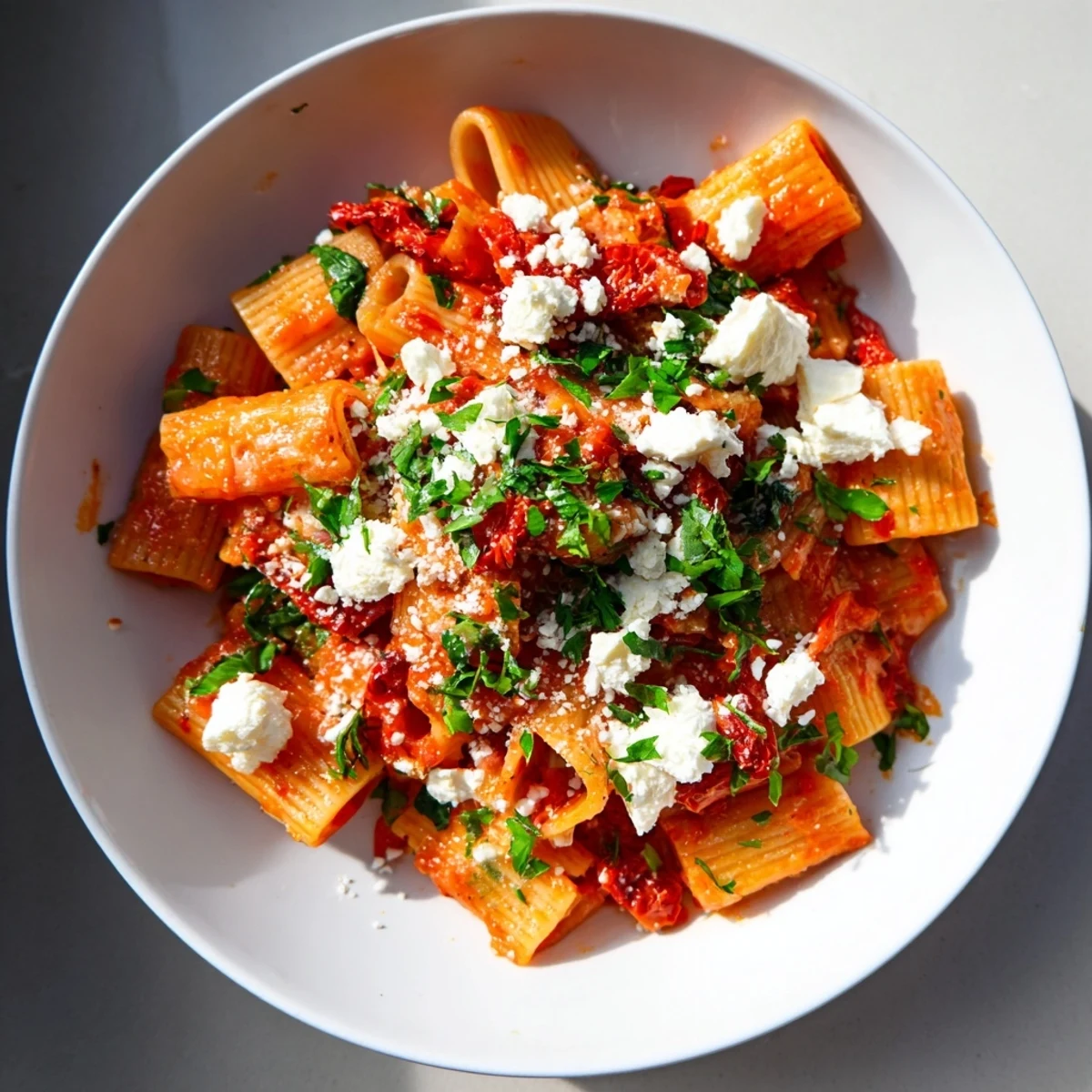 Golden Mediterranean baked garlic & herb pasta bubbling in a baking dish, ready to serve and enjoy.