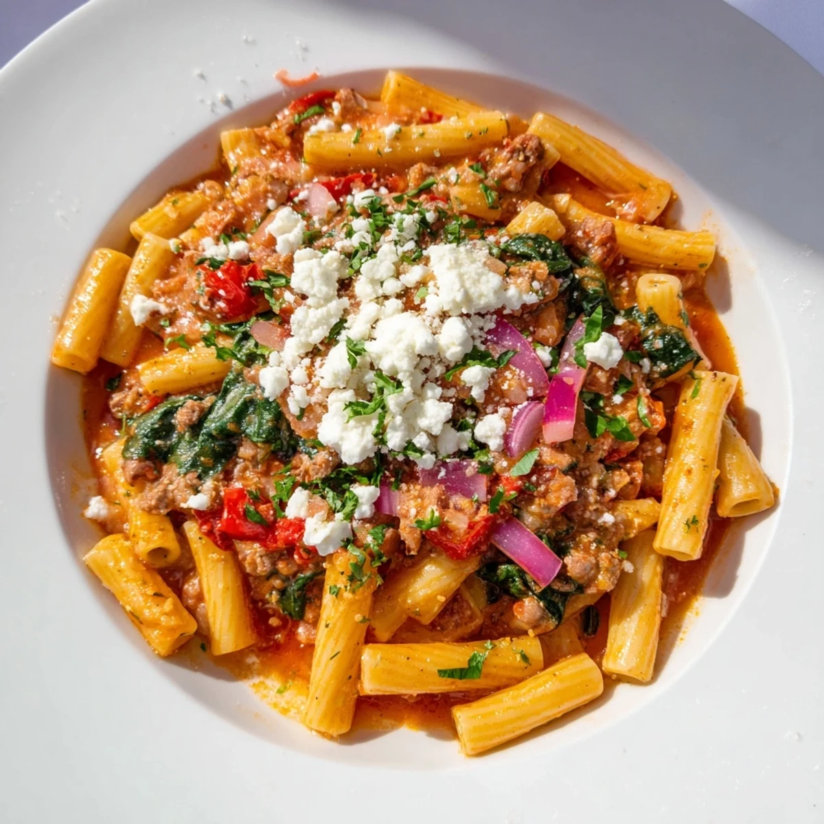 Vibrant oven-baked Mediterranean garlic & herb pasta, featuring sun-dried tomatoes and creamy feta cheese.