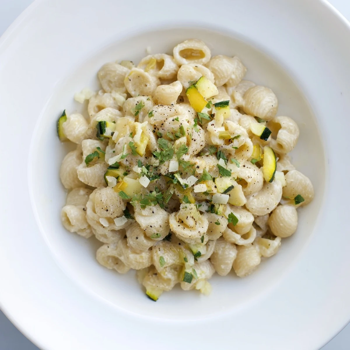 Garnish this One-Pot Creamy Zucchini Ditalini with fresh parsley and extra Parmesan.