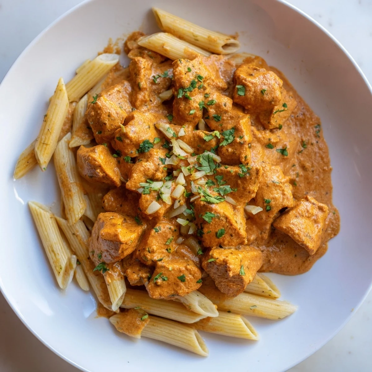Tender pasta swimming in creamy sauce, featuring vibrant Creamy Chicken Tikka Masala, and fresh cilantro.