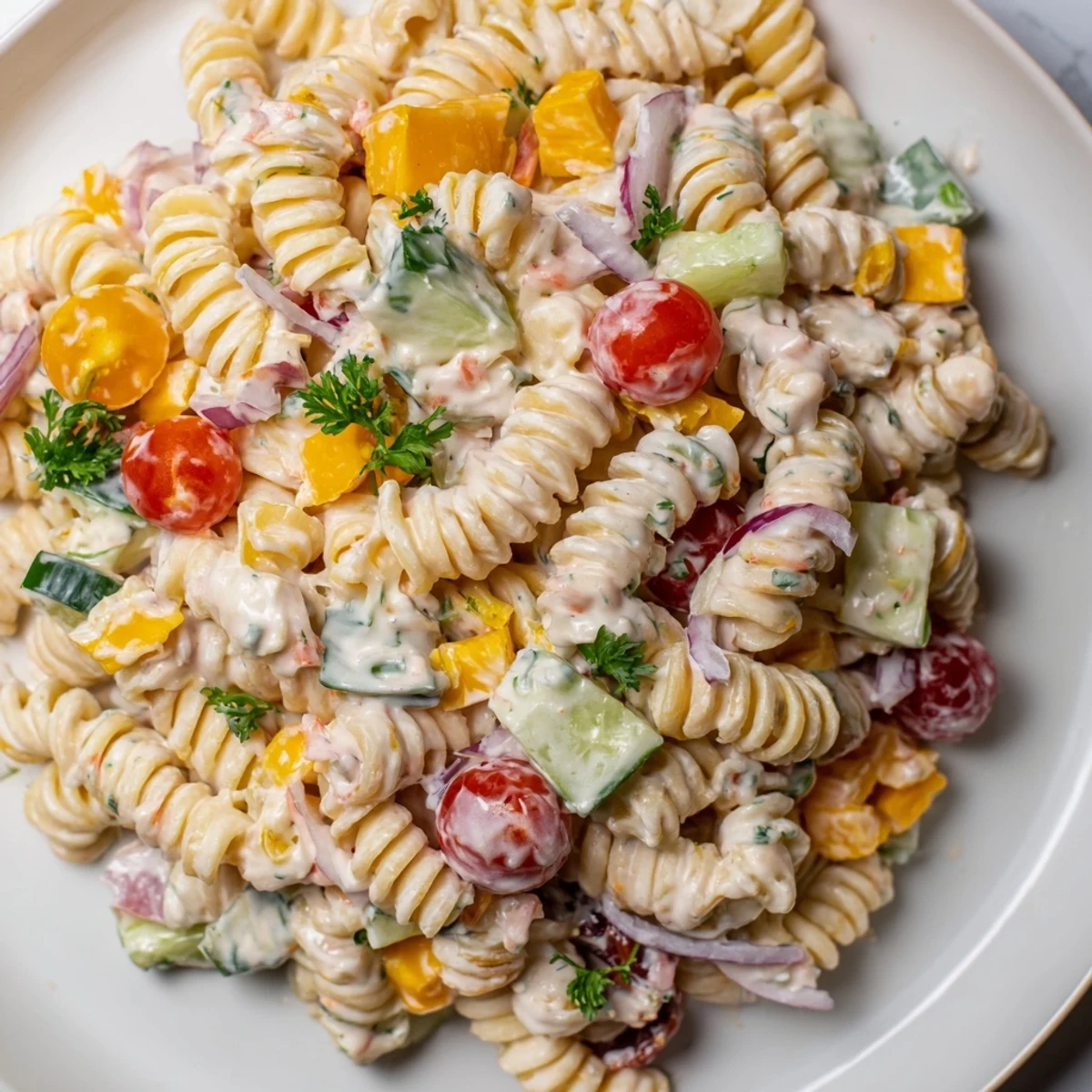Festive Greek Yogurt Million Dollar Christmas Pasta Salad with diced cheese and vibrant vegetables.