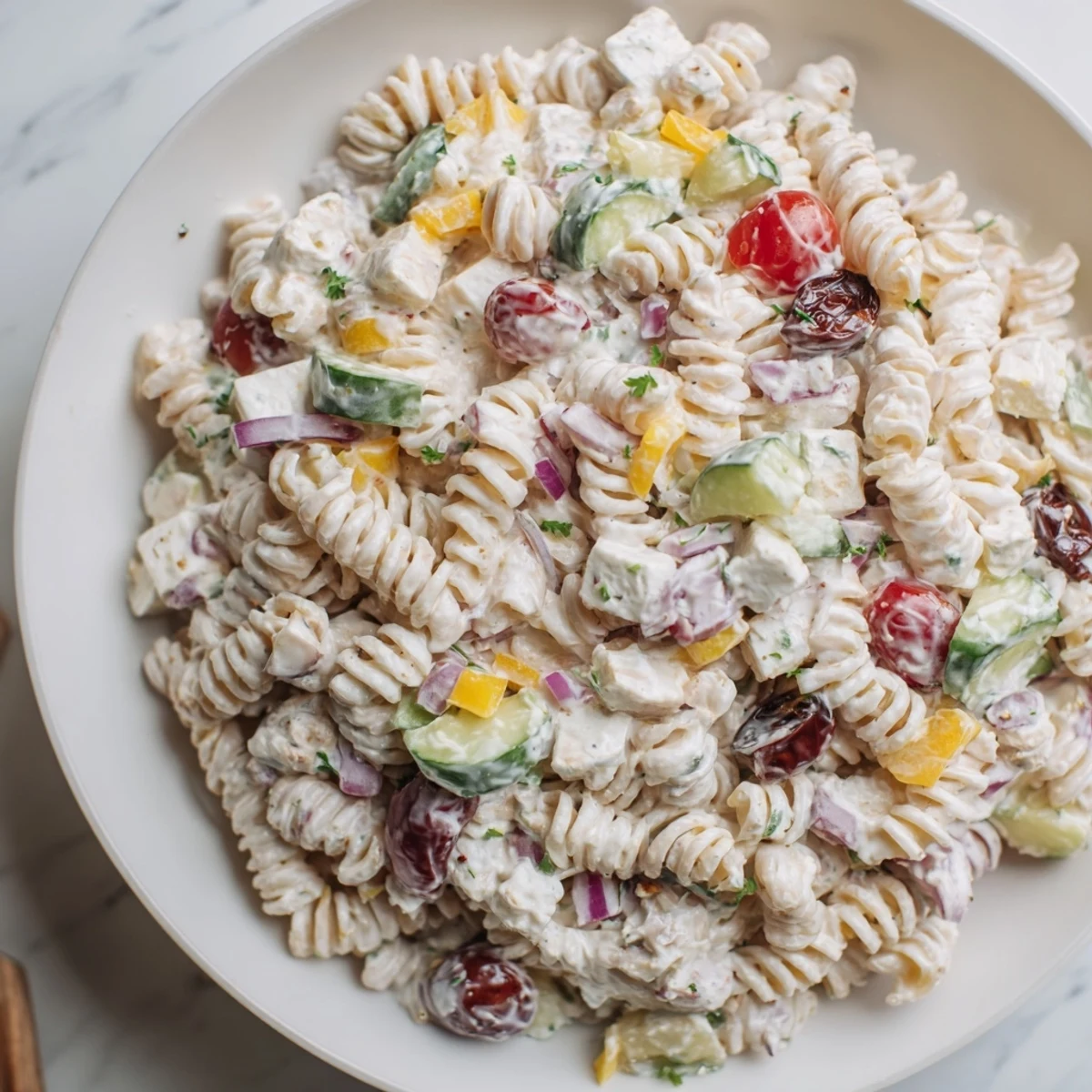 A bowl of delicious Greek Yogurt Million Dollar Christmas Pasta Salad ready to serve for a holiday meal.