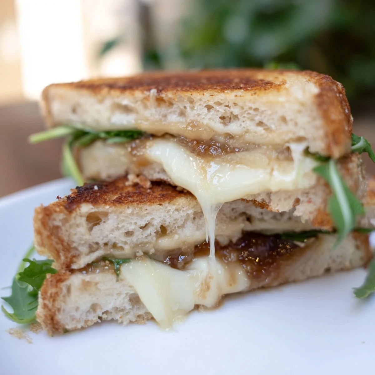 Perfectly browned Fig, Brie & Arugula Grilled Cheese, served with a side of peppery arugula.