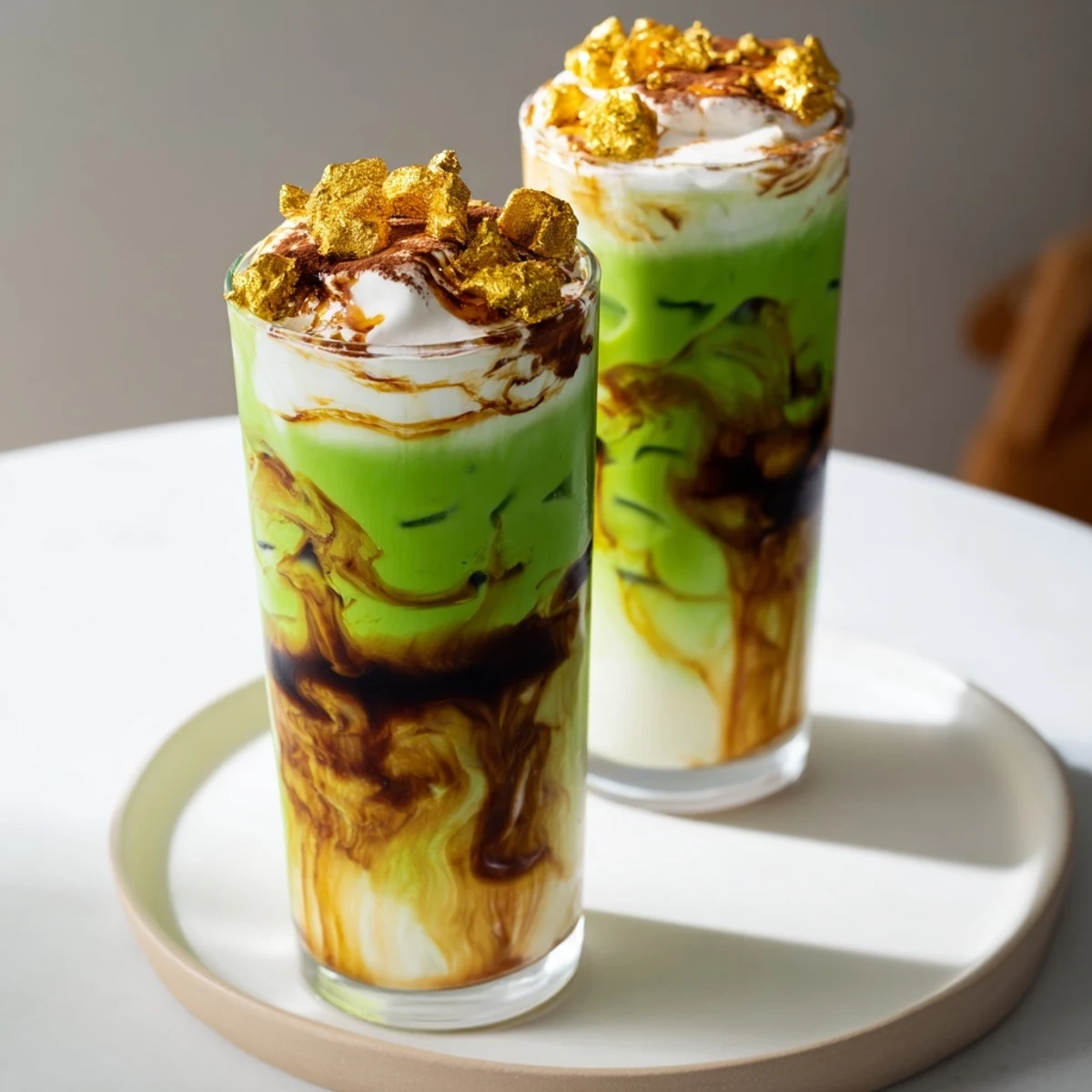 The festive Caramel Brulée Iced Matcha Christmas Coffee Dupe shows layers of matcha, coffee, and caramel, garnished with spice.