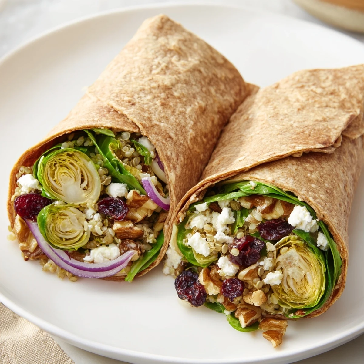 Vibrant image of a warm, comforting Roasted Brussels Sprouts & Cranberry Grain Wrap, ready to be enjoyed.
