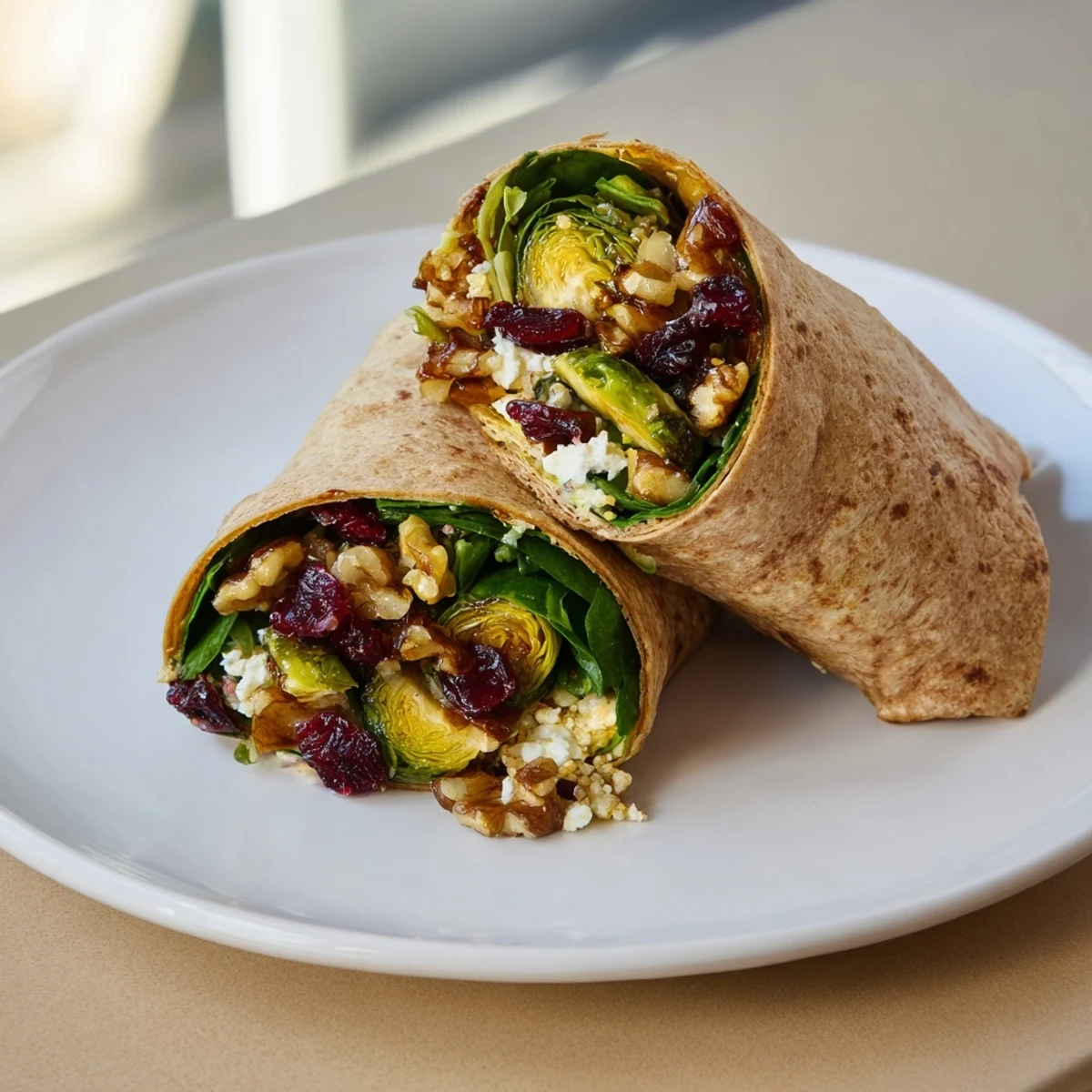 Close-up of a delicious and healthy Roasted Brussels Sprouts & Cranberry Grain Wrap, full of texture.