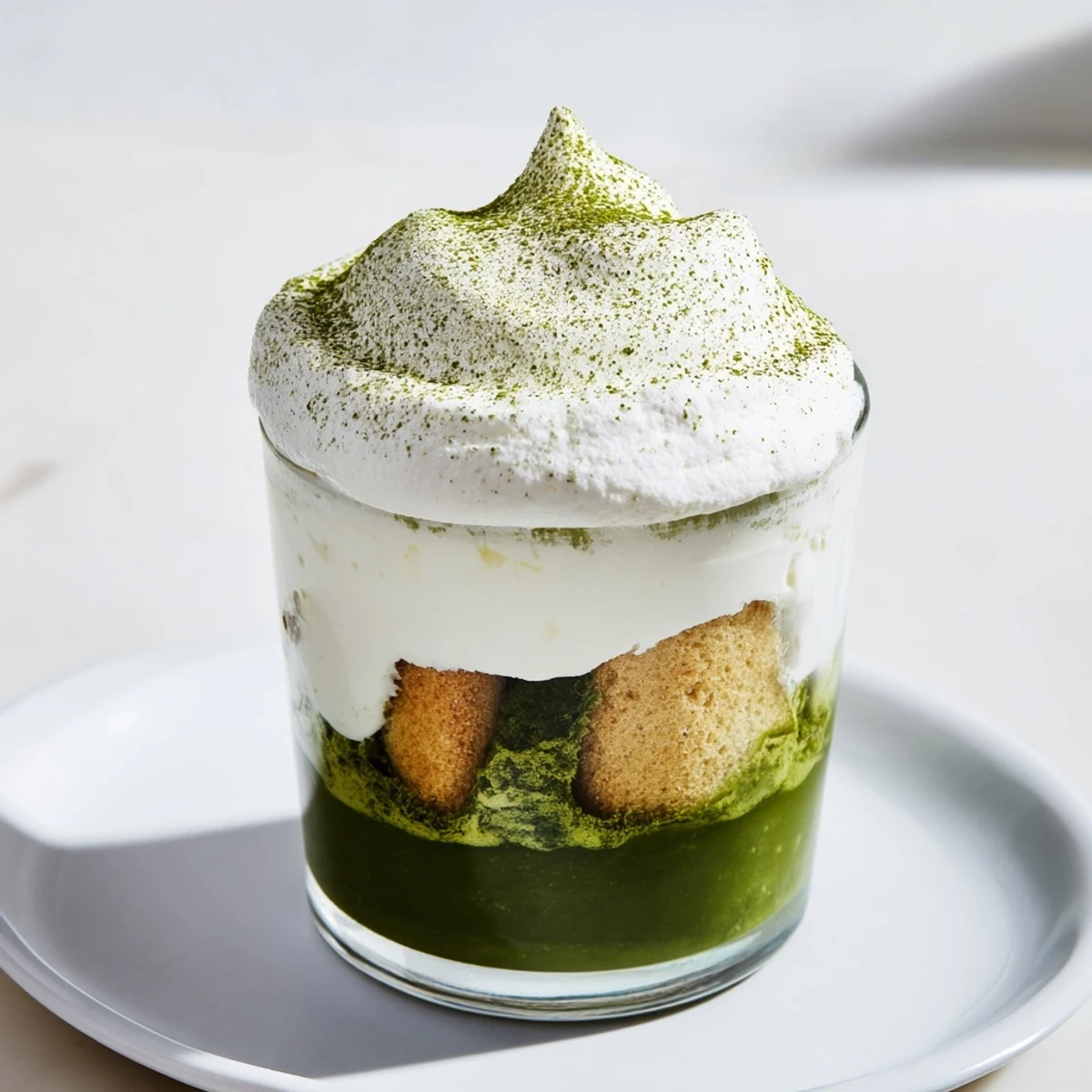 Creamy Matcha Mascarpone Tiramisu Snow Cups, layered with airy sponge and a dusting of matcha.