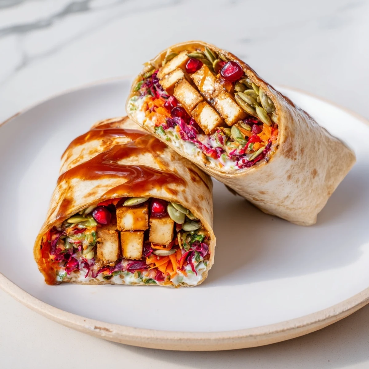 A close-up of a golden-brown sweet chili tofu crunch wrap, showcasing the colorful slaw inside.