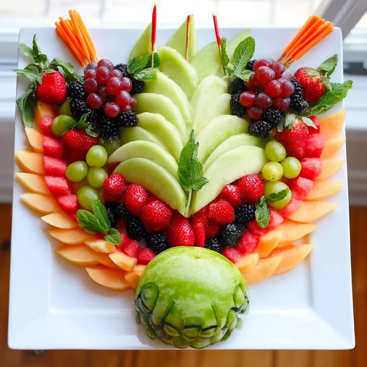 A colorful, whimsical dragon-shaped fruit tray created with watermelon, grapes, and kiwi, so refreshing.