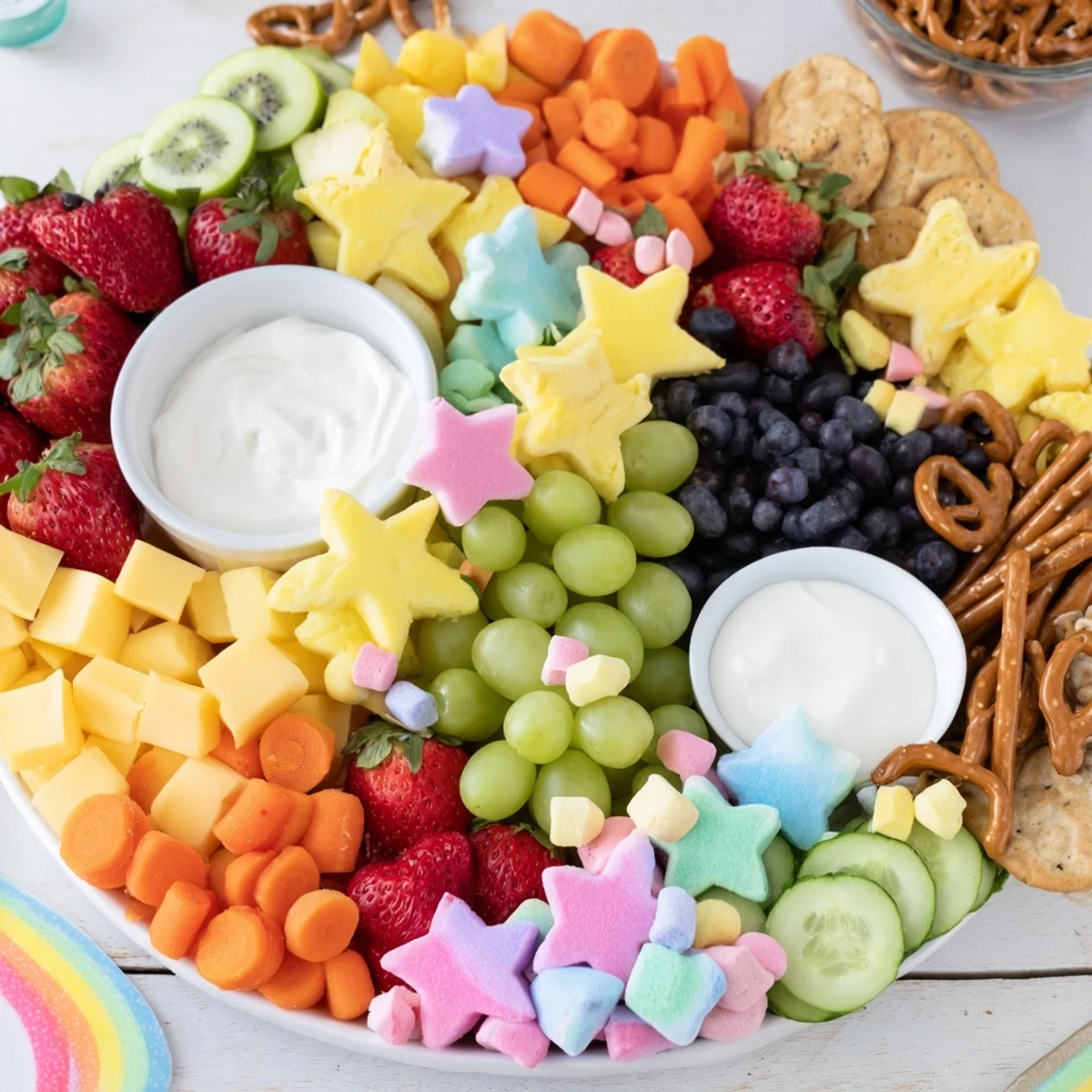 Vibrant Unicorn Party Platter: A rainbow array of fresh fruits and colorful snacks ready to enjoy.
