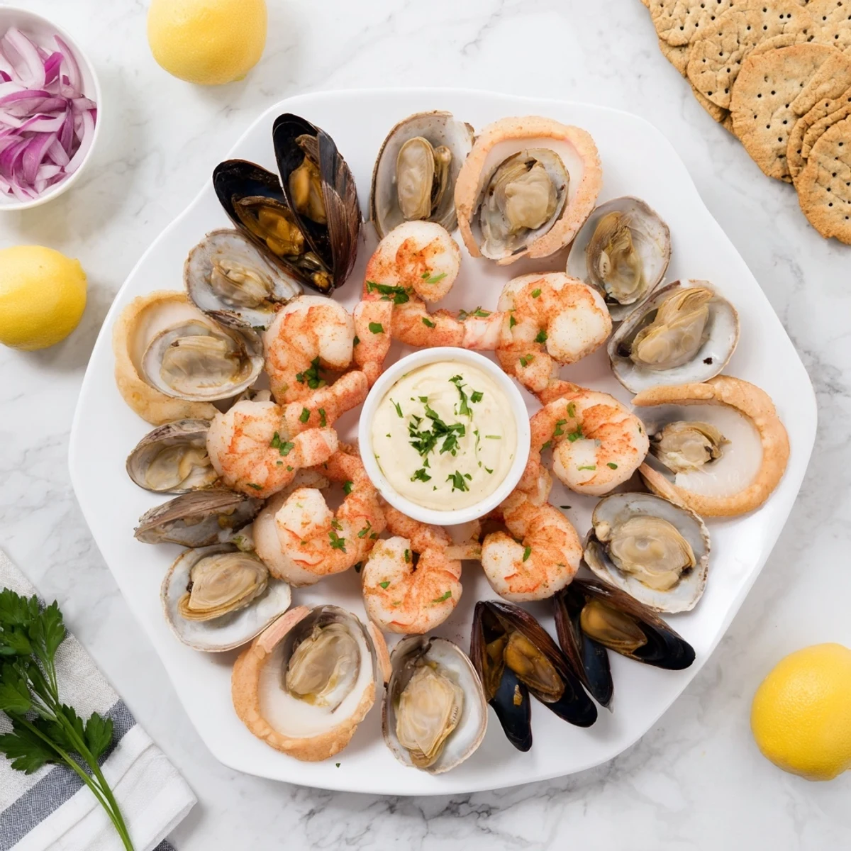 Close-up view of the vibrant Starfish & Shell Appetizer Board, packed with fresh seafood and enticing dips.