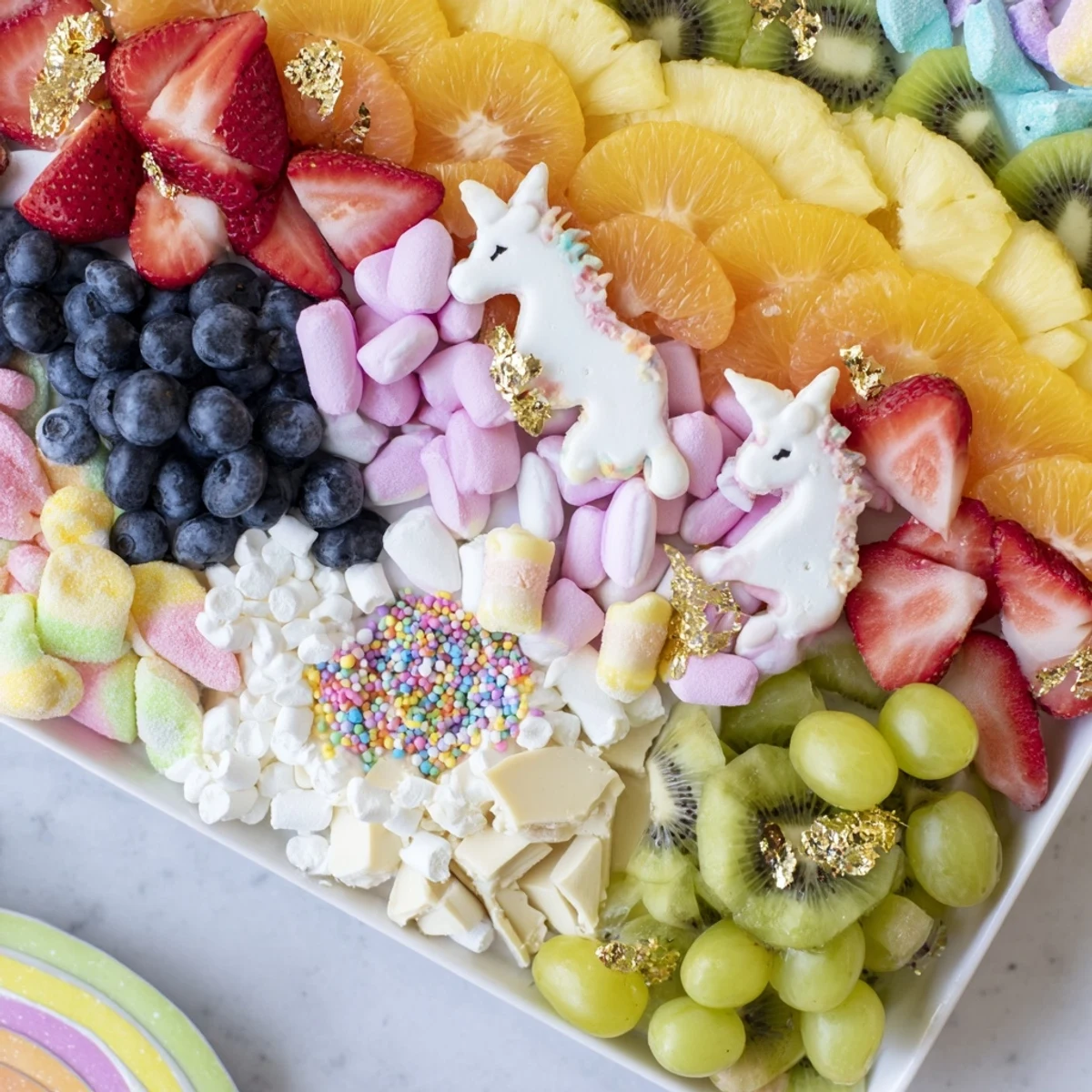 A vibrant Magical Unicorn Rainbow Dessert Board, showcasing fresh fruits and colorful sweets arranged artfully.