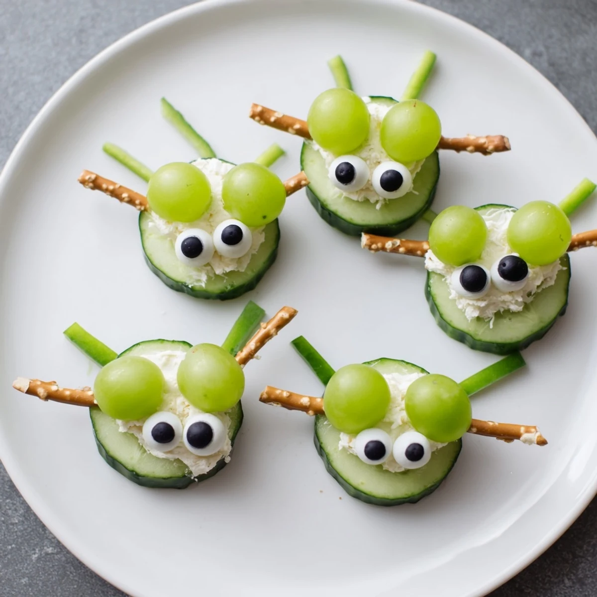 Vibrant Little Green Men Alien Snack Attack on a platter, showcasing fresh cucumber alien faces.