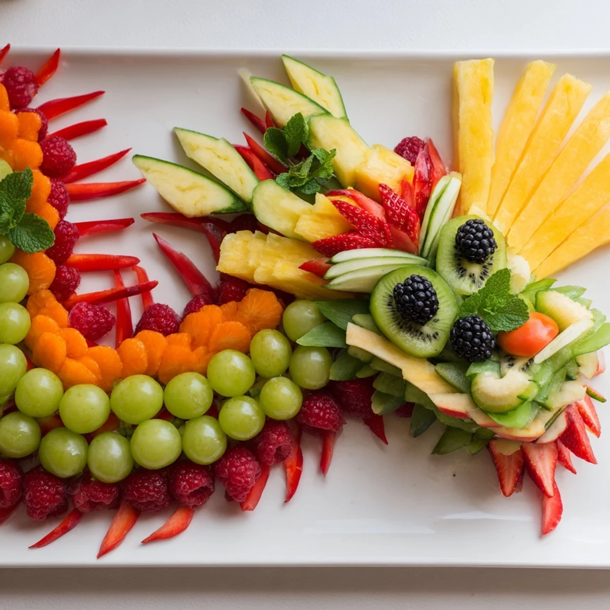 Vibrant Dragon-Shaped Fruit Tray, a colorful arrangement of fresh fruits for a healthy party appetizer.