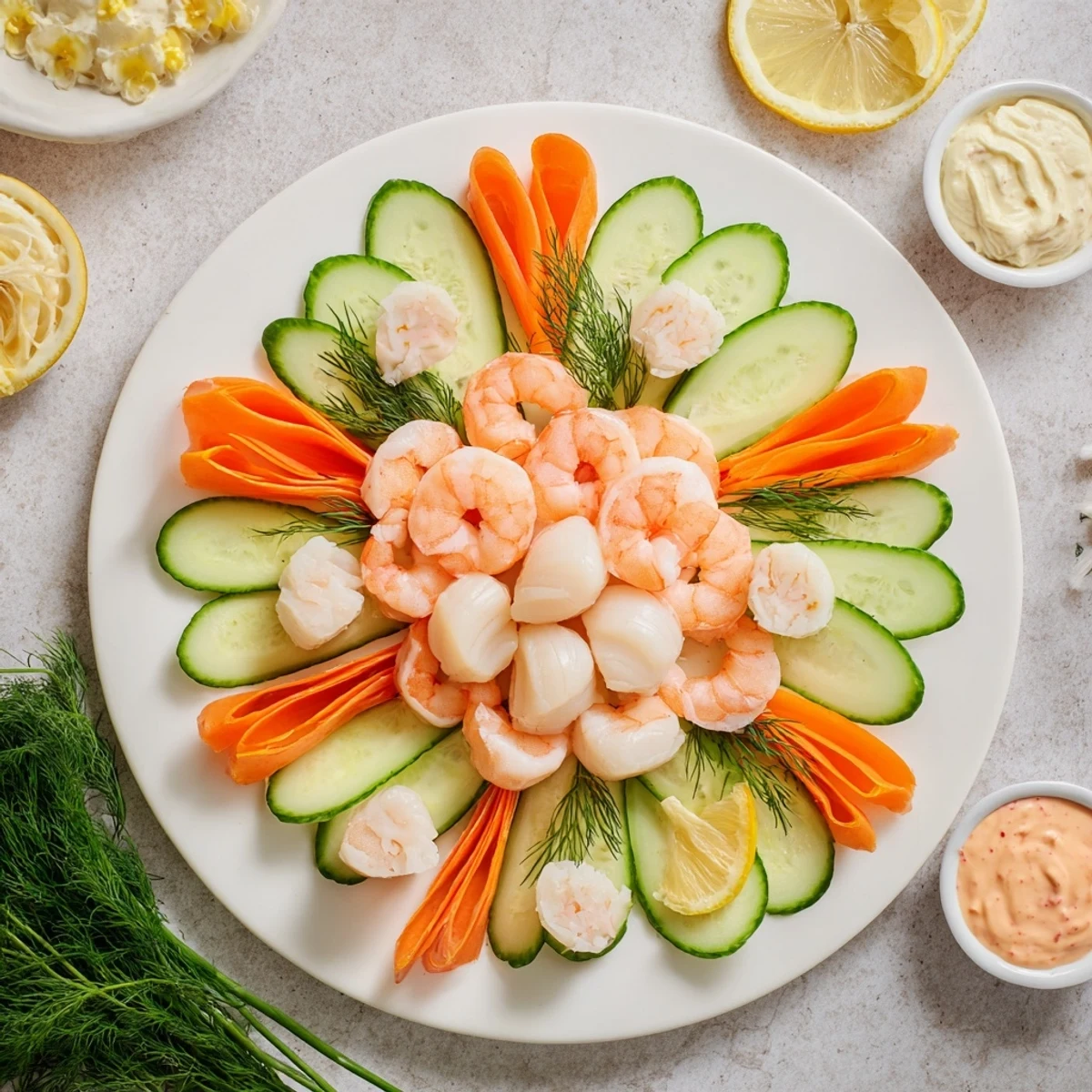 Vibrant Starfish & Shell Appetizer Board showcases seafood, fresh veggies, and creamy dips, ready for guests.