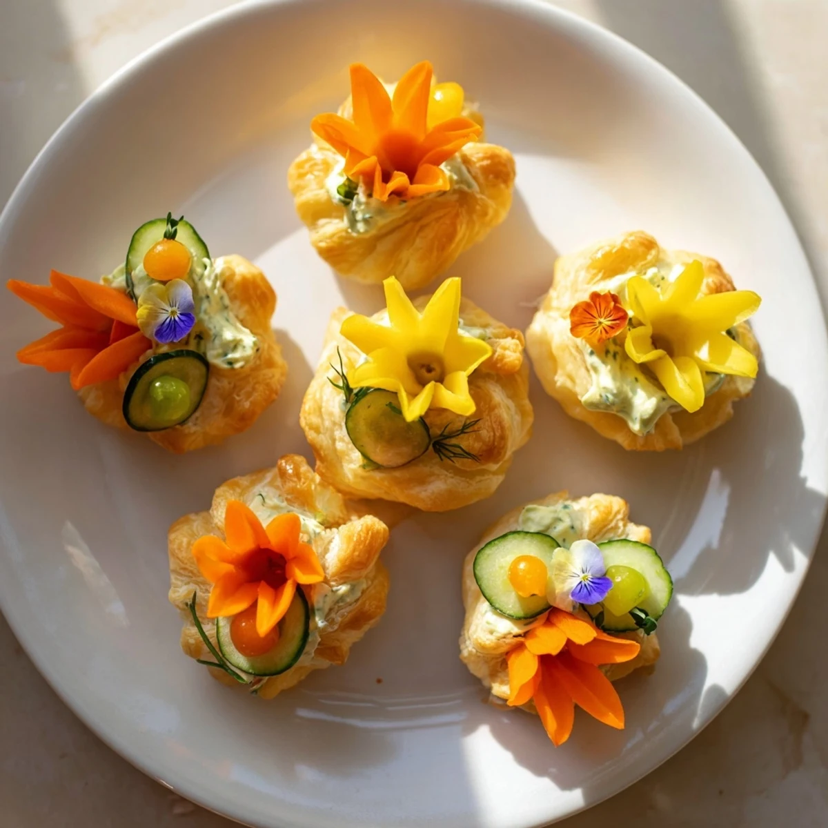 Freshly baked and beautifully decorated savory Fairy Garden Flower Shaped Snacks, arranged on a plate.
