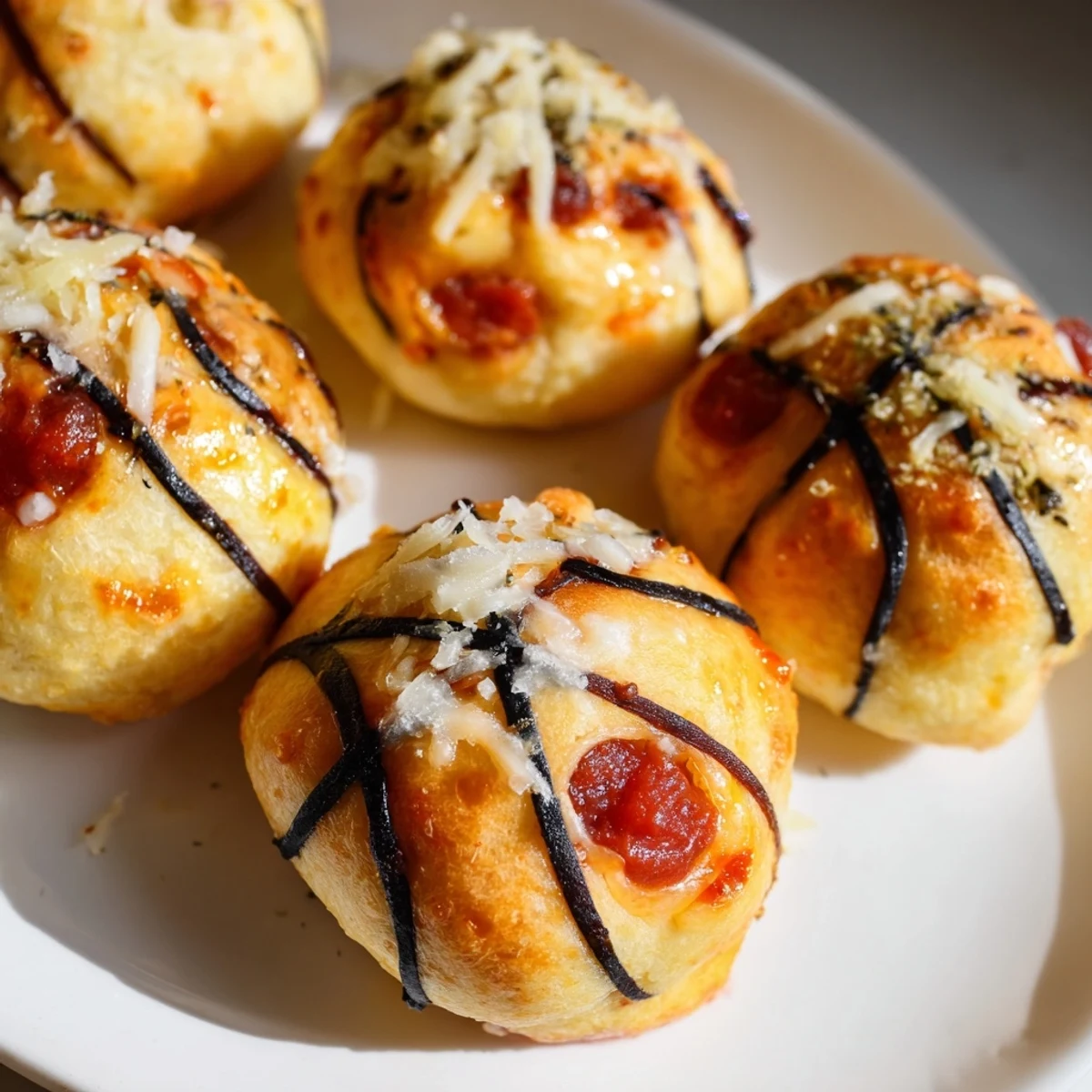 Golden-brown Slam Dunk Basketball Pizza Bites, ready to dunk in pizza sauce for flavor!