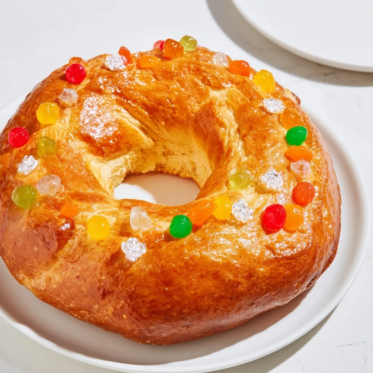 Golden-baked Couronne de Roi Bijoux Sucrés, a French sweet bread crown, bursting with jewel-toned candied fruits.