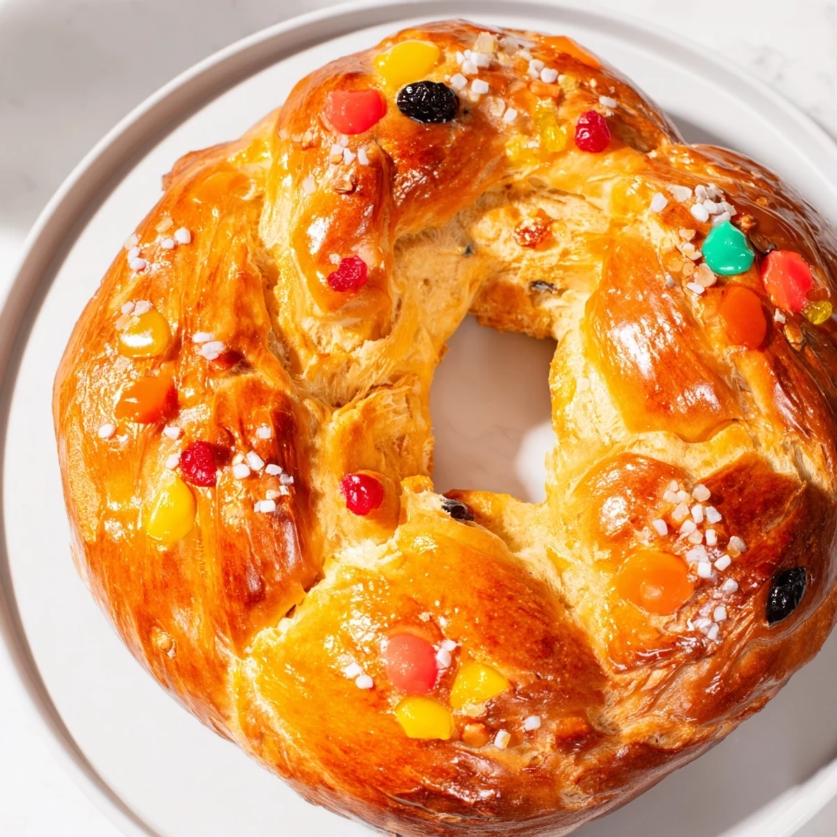 A close-up of a glistening Couronne de Roi Bijoux Sucrés, displaying colorful candied fruit and sugar pearls.