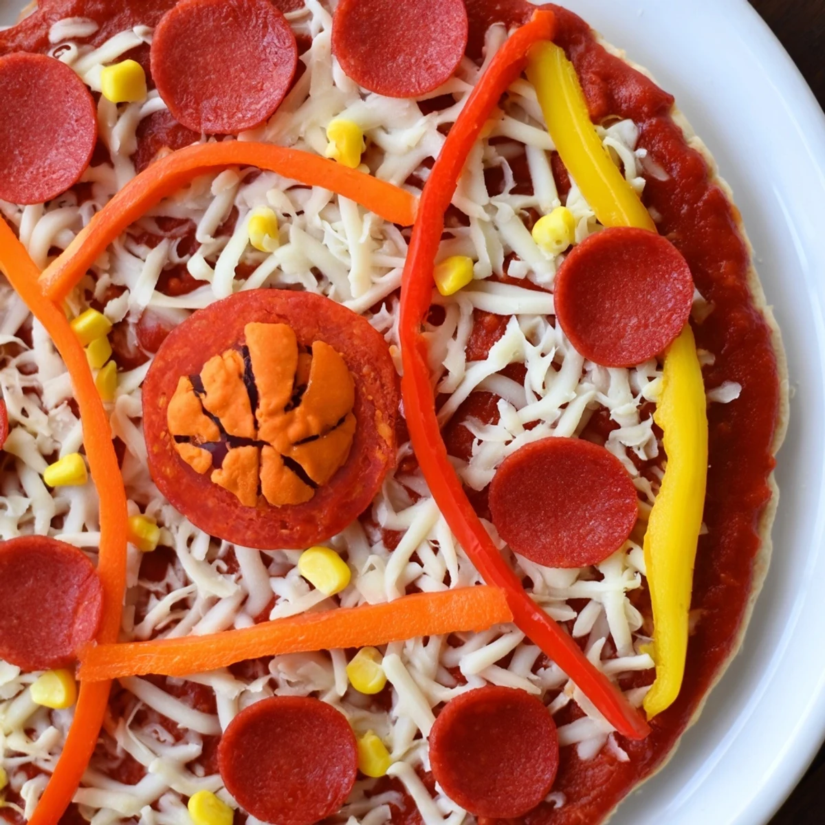 Golden-crusted basketball court pizza, a fun family meal, topped with pepperoni "basketballs" and olives.