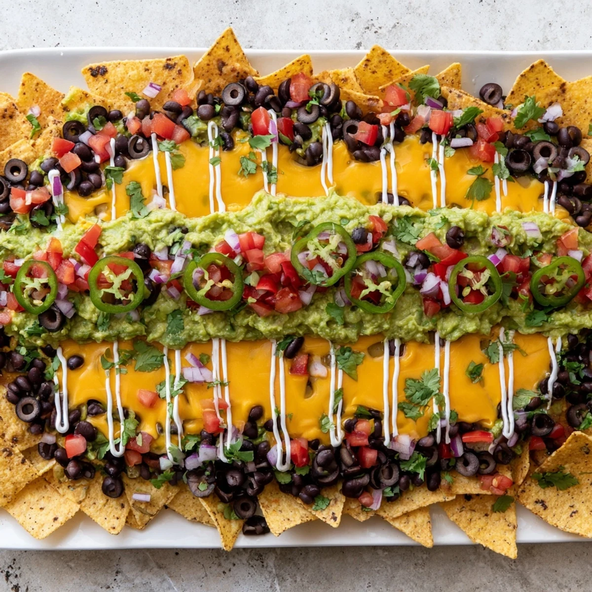 Golden, bubbly Football Field Nacho Platter topped with melted cheese, juicy tomatoes, and fresh cilantro.