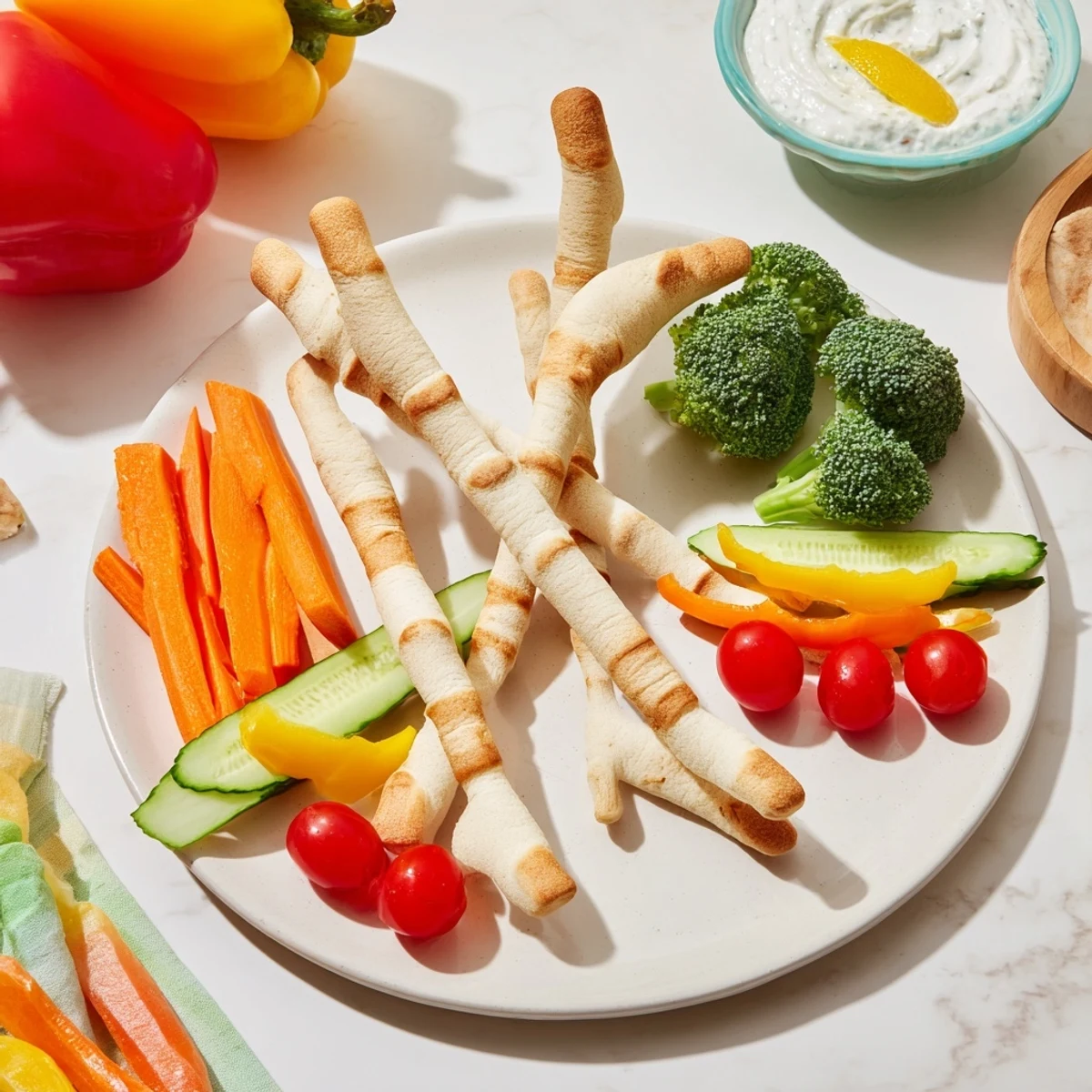Colorful Dinosaur Bone Prehistoric Crudités appetizer with crunchy veggies and playful breadsticks; a festive snack.