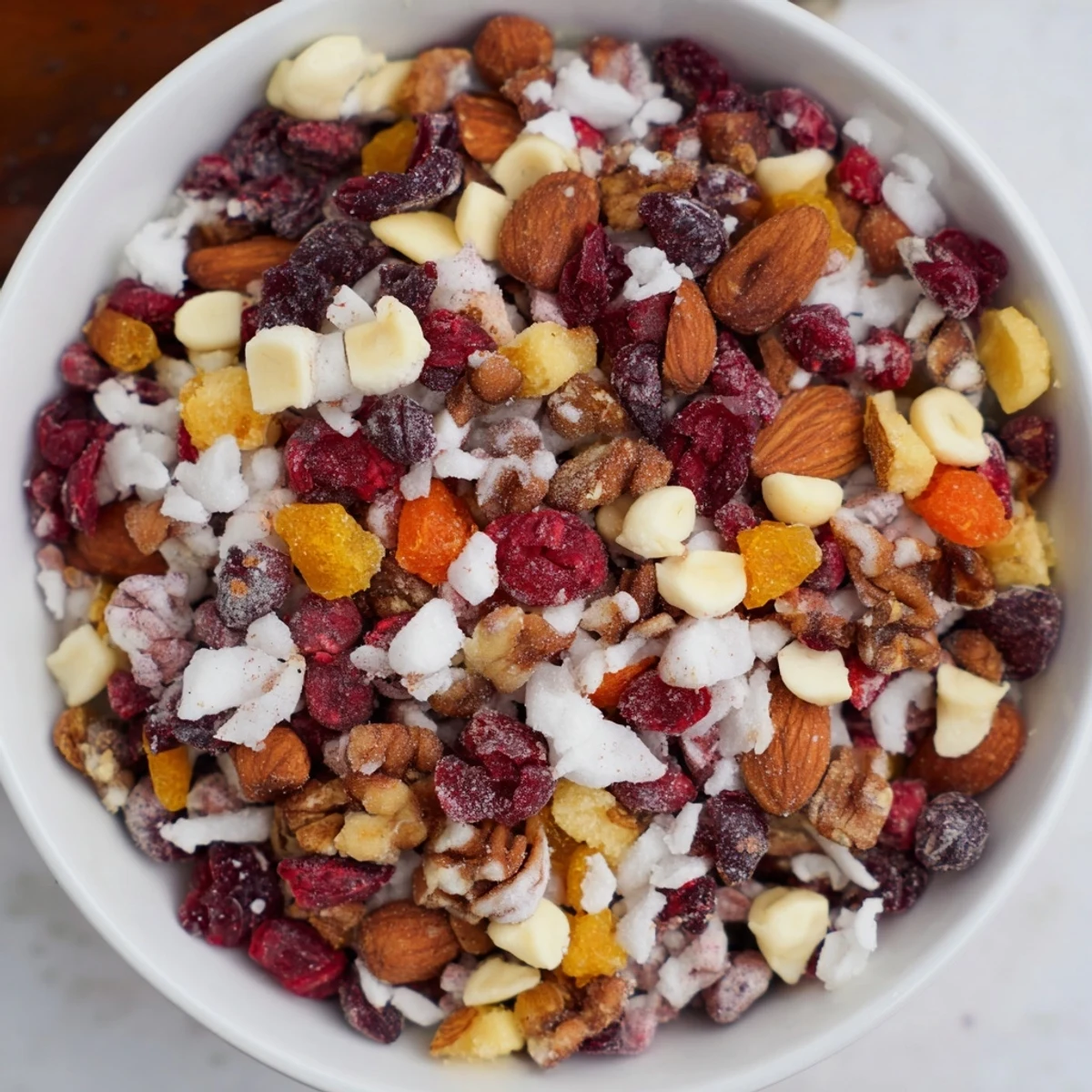 A bowl of Mélange Hivernal Flocon de Neige, a festive mix of dried fruits and spiced nuts.
