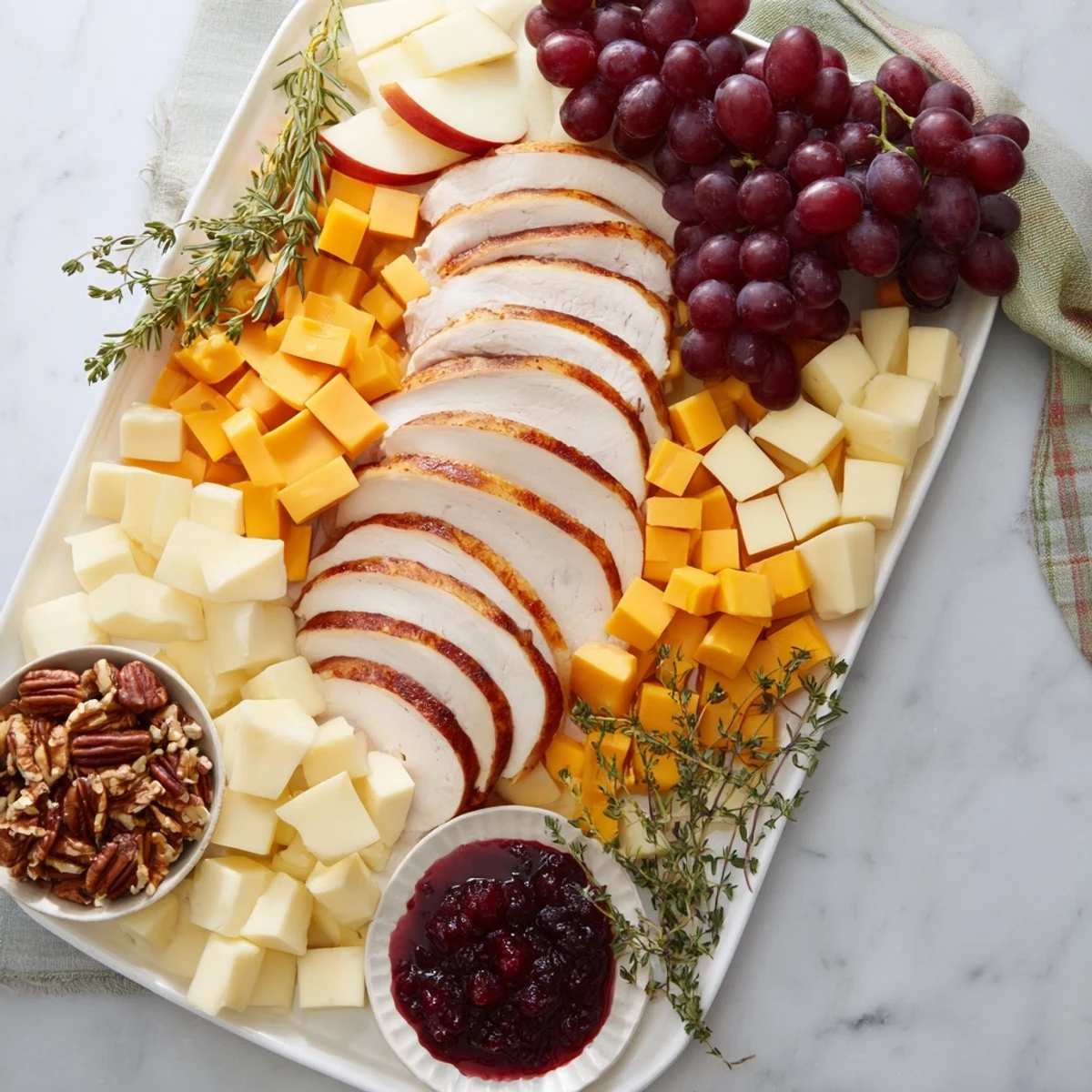 Visually appealing Turkey Cheese and Cracker Board ready to serve, featuring various cheeses and festive garnishes.