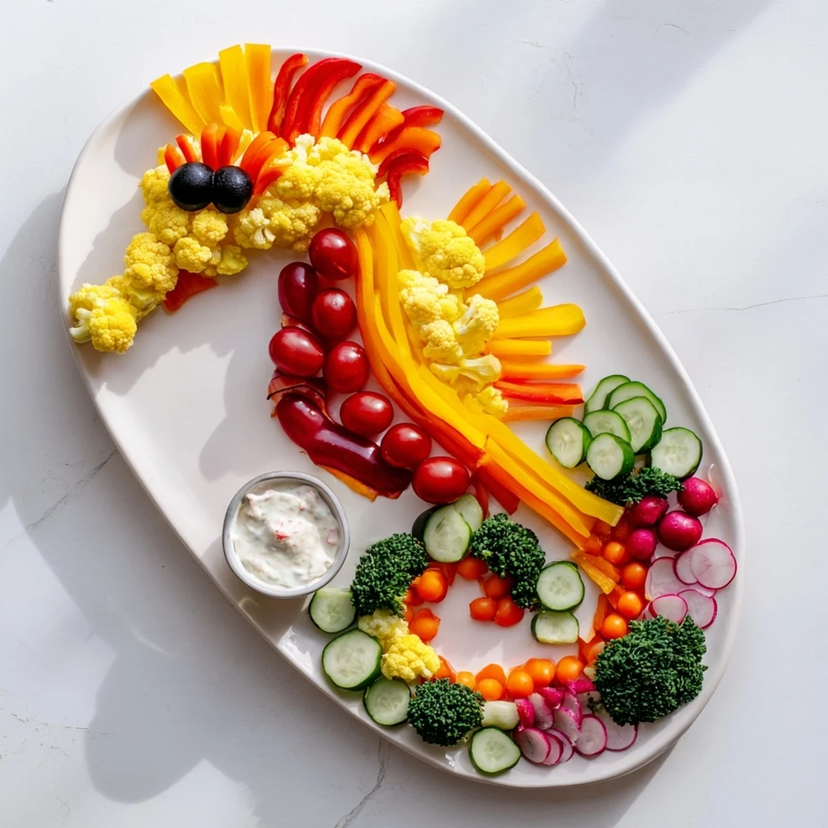 Seahorse Veggie Dip Platter featuring colorful bell peppers, a fun and healthy party appetizer.
