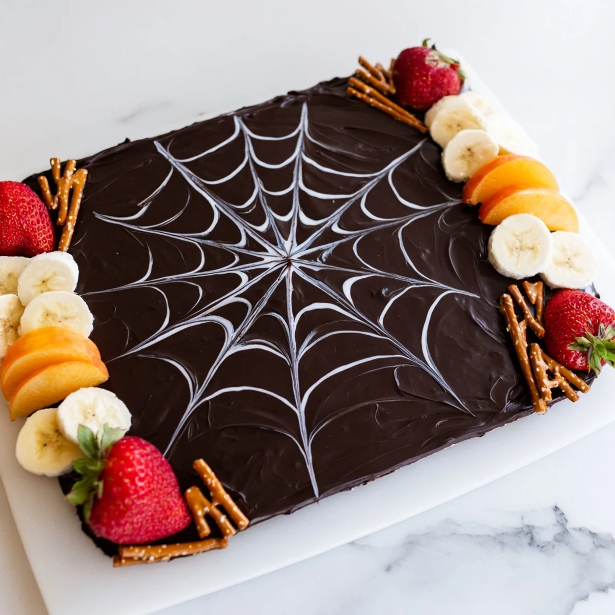 Enjoy a visually stunning Spiderweb Chocolate Ganache Board served with fresh fruit and dippable sweets.